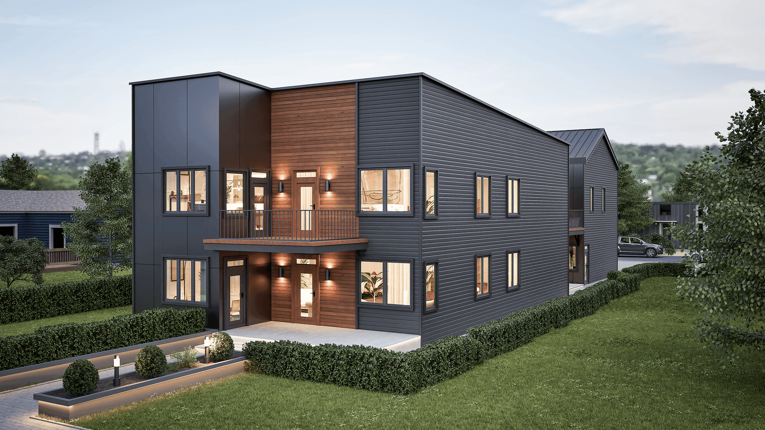 The Cardwell3 front elevation — a modern over-under duplex with warm wood accents and dark siding
